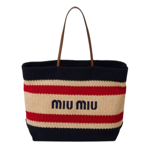 [스페셜오더]MIUMIU-5BG228 미우미우 네추럴/네이비 라피아 효과 우븐 토트 백