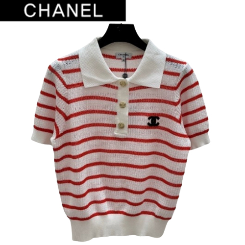 CHANEL-07264 샤넬 화이트/레드 스트라이프 폴로 티셔츠 여성용