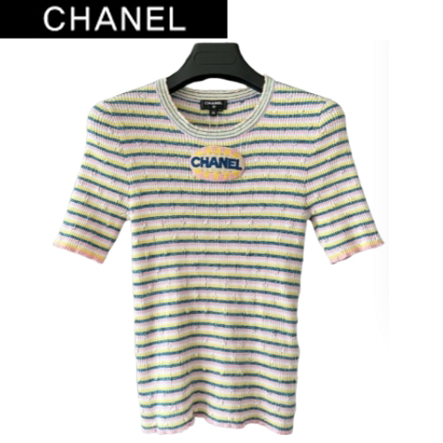 CHANEL-03196 샤넬 아이보리 니트 코튼 스트라이프 티셔츠 여성용